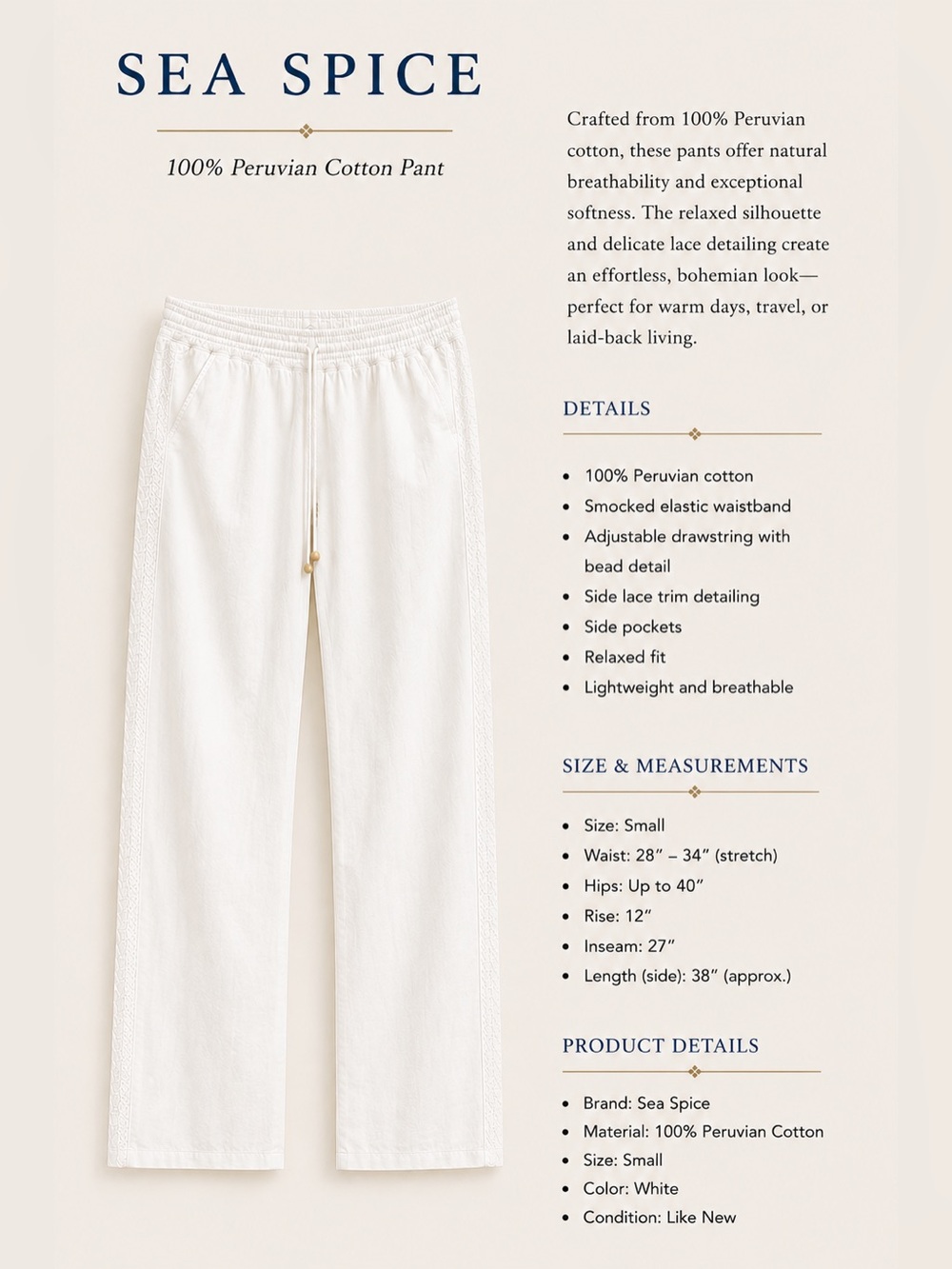 Women's White Peruvian Cotton Casual Pants - Relaxed Fit